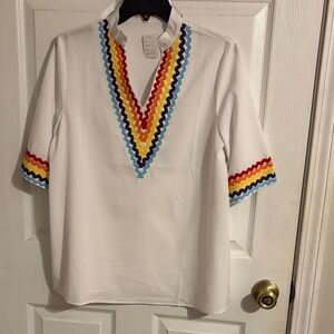 Boutique White V-Neck Top with Rainbow RicRac Trim New Medium